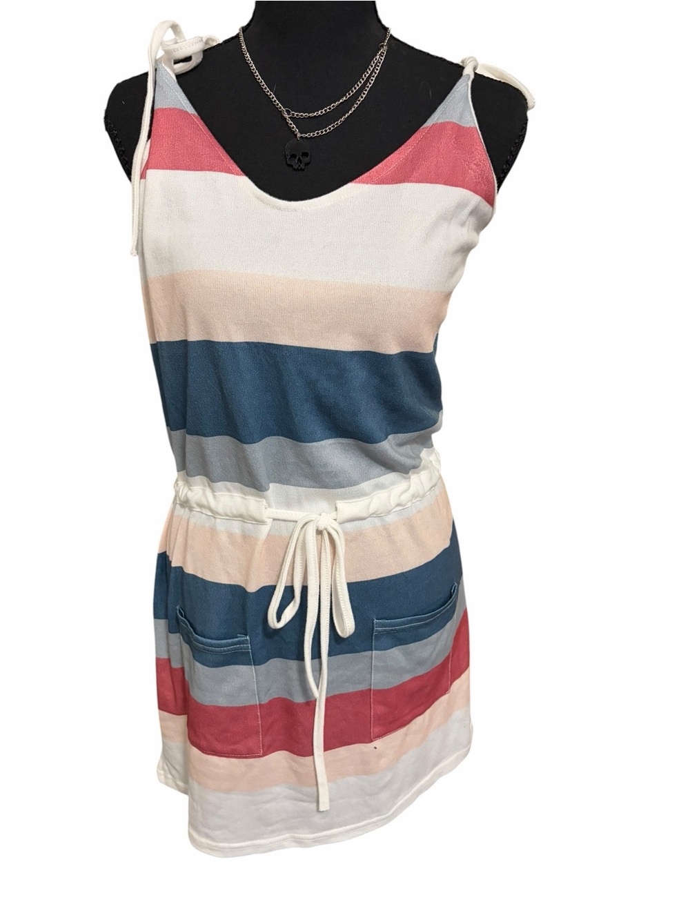 Striped Knit Drawstring Tank Dress in Coral, Blue & Cream